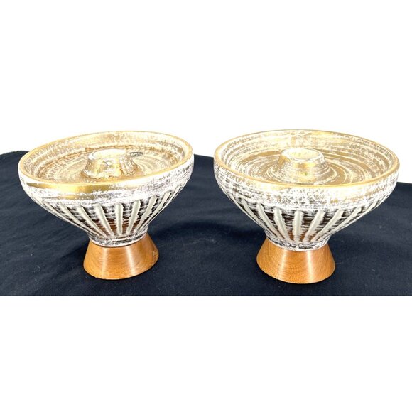 Haeger Gold Tweed Glaze Candleholders 22kt Lot of 2 Ceramic 4" Tall Wood Base - Picture 2 of 12